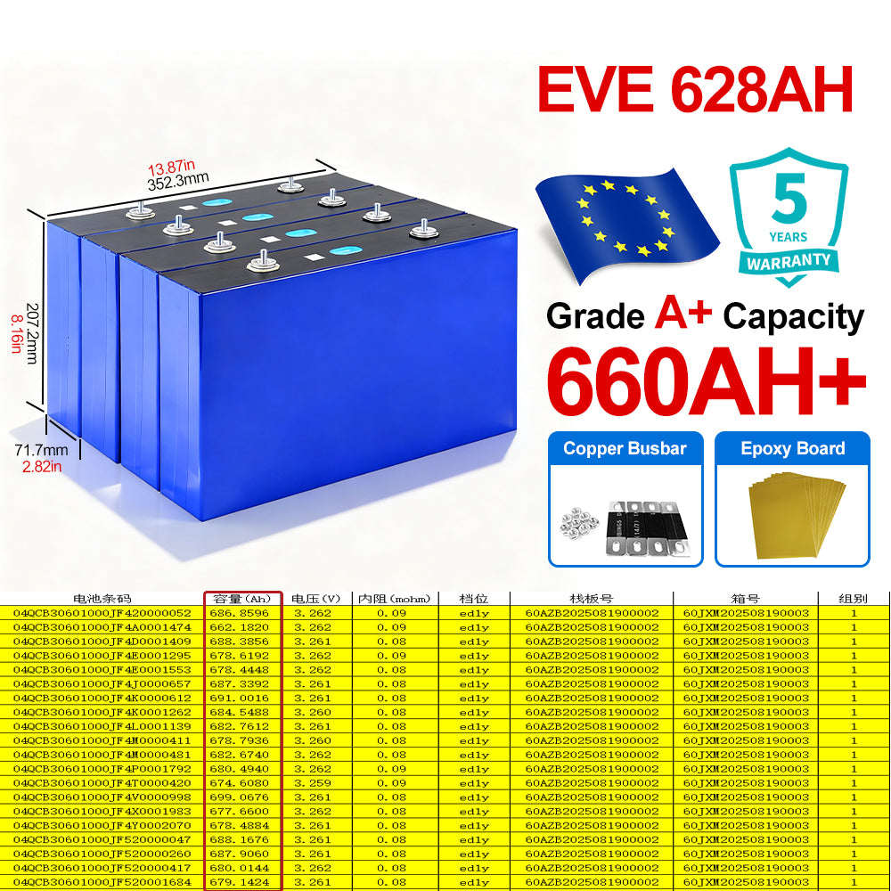 MB56 EVE 628AH LiFePO4 Battery Grade A Prismatic Lithium ion Cells For Solar System